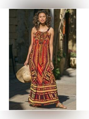 Soft Surroundings Desert Sun Gypsy Caravan Embellished Boho Maxi Dress M